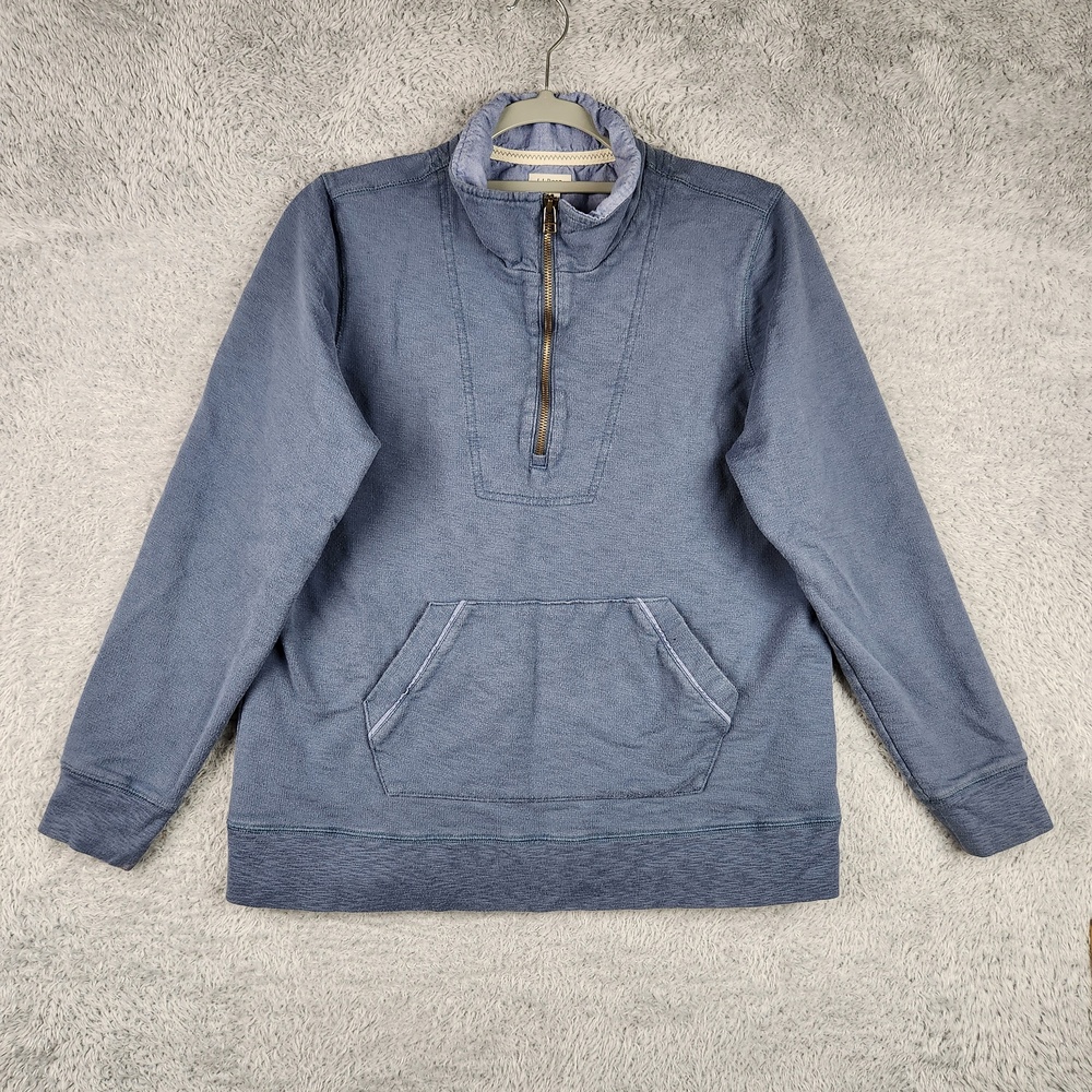 LL Bean Sweatshirt Womens Petite Large Blue 1/4 Zip Mock Neck Kangaroo Pocket